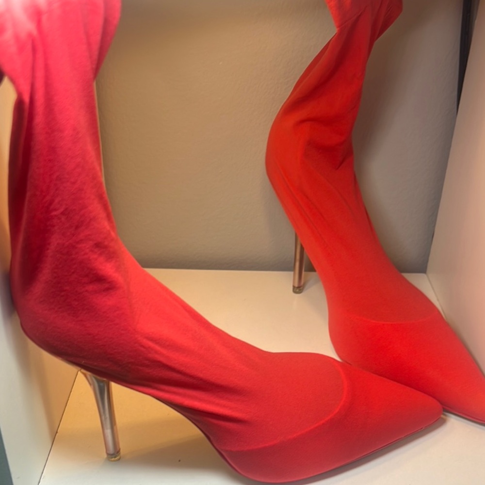 Bold Dark Orange Sock Boots with Clear Heels